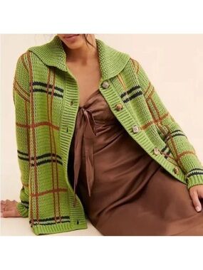 Anthropologie Callahan Bonnie Green Plaid Button Chunky Cardigan Sweater sz M